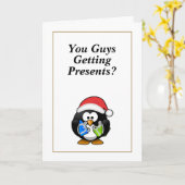 Jullie krijgen Cadeaus? Funny Penguin Kerstmis Kaart (Gele Bloem)
