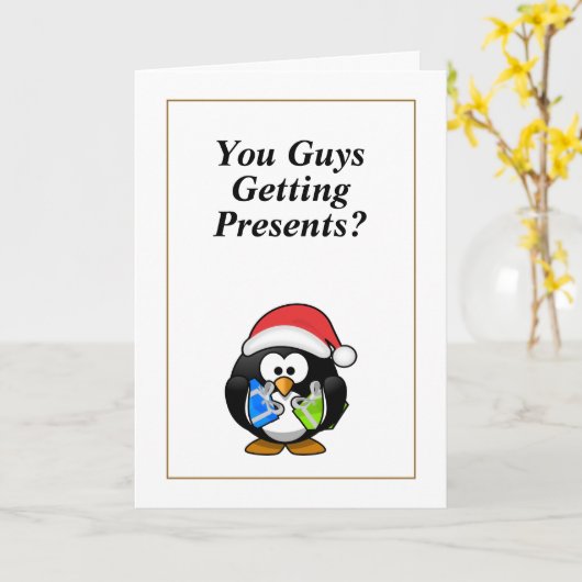 Jullie krijgen Cadeaus? Funny Penguin Kerstmis Kaart (Gele Bloem)