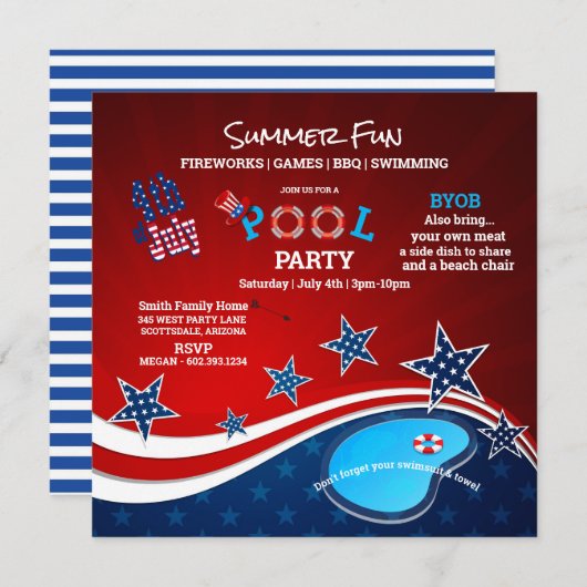 July 4th Pool Party BBQ Fireworks Invitation (Devant / Derrière)