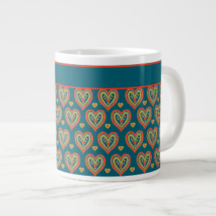 Jumbo Coffee Mok, rood, groen hart op Blauwgroen Grote Koffiekop