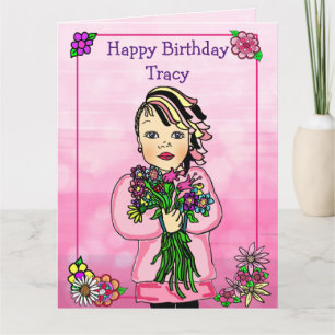 Jumbo Happy Birthday Whimsical Girl met Flowers Kaart