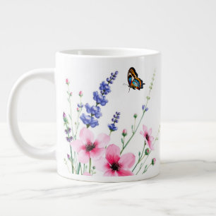 Jumbo Mug - Lavande, Fleurs roses, Papillon