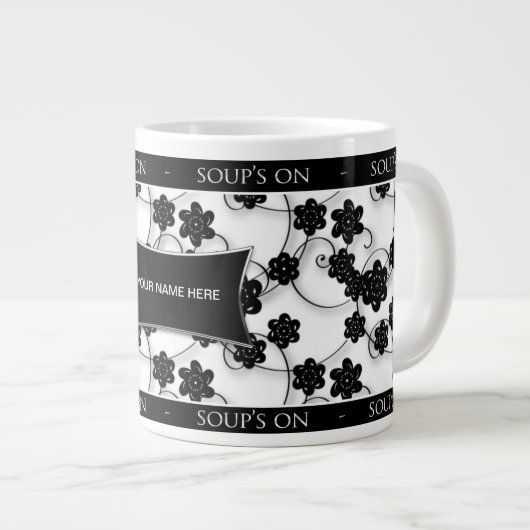 JUMBO SOUP MUG - ZWART EN WITTE PLATTELANDSONTWERP EXTRA GROTE MOK (Voorkant rechts)