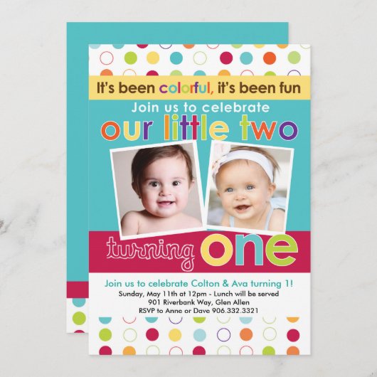 Jumeaux amusants colorés Première Invitation d'ann (Devant / Derrière)
