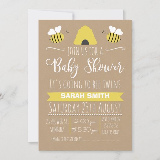 Jumeaux neutres Busy Bee baby shower Invitation (Devant)