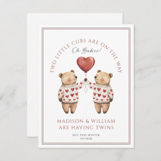 Jumeaux Nounours Faire-part de grossesse d'hiver (Devant / Derrière)