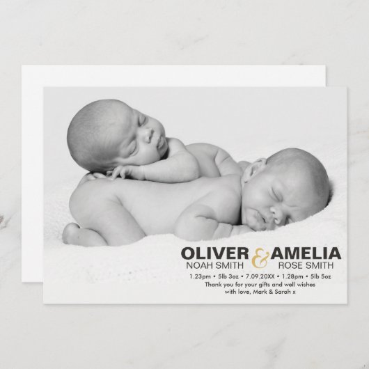 Jumelle le faire-part de naissance/carte de (Devant / Derrière)