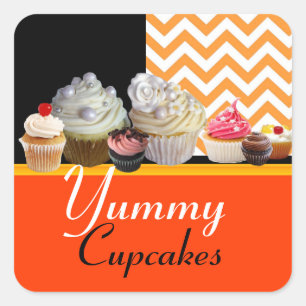 JUMMY BIRTHDAY CUPCAKES / ORANJE WITTE CHEVRON VIERKANTE STICKER