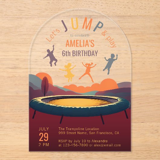 Jump and Play Trampoline Kind Verjaardagsfeestboog Acryl Uitnodigingen (Voorkant)