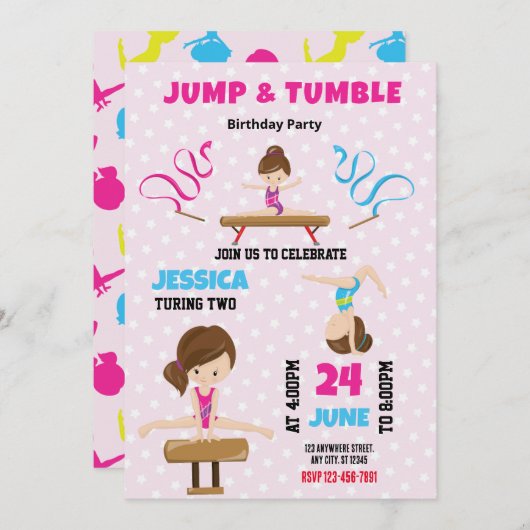 Jump en Tumble Gymnastics Verjaardag Uitnodiging (Voorkant / Achterkant)