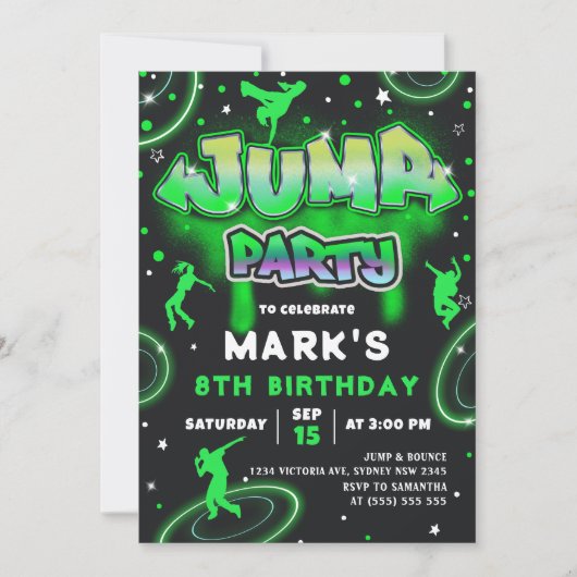 Jump Neon Trampoline Invitation de fête d'annivers (Devant)
