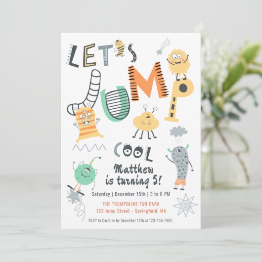 Jump Schattige Monster Trampoline Park Verjaardags Kaart (Staand voorkant)
