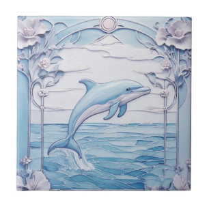 Jumping Dolphin Art Nouveau Faux Relief Lichtblauw Tegeltje