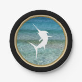 Jumping Marlin Ocean Black en Faux Gold Papieren Bordje (Voorkant)