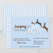 Jumping voor Joy Blue Boy Baby Shower-uitnodiginge Kaart (Voorkant / Achterkant)