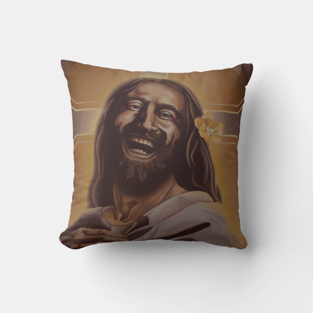 June Moon's Laughing Jesus Pillow Kussen (Voorkant)