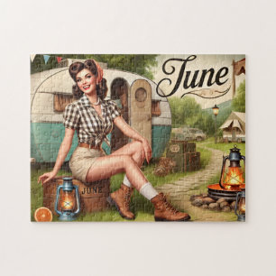 June Retro Zomer Kamperen Pin-Up Meisje Legpuzzel