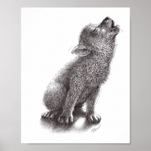 Junger Wolf heult den Mond an. Poster (Voorkant)