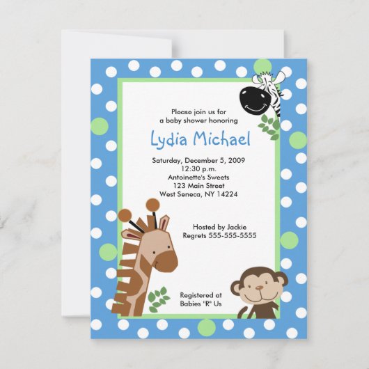 JUNGLE ADVENTURE BLUE 4x5 Baby Shower Invitations (Devant)