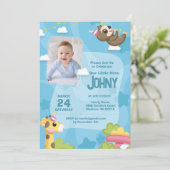 Jungle Animal Blue 1er Anniversaire Invitation (Debout devant)