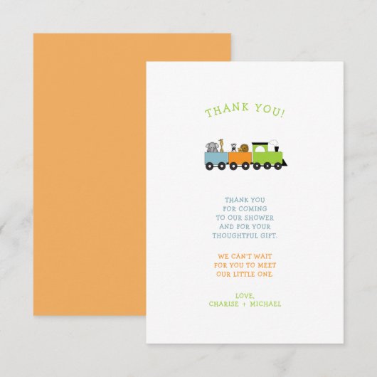 JUNGLE ANIMAL TRAIN baby shower merci note (Devant / Derrière)