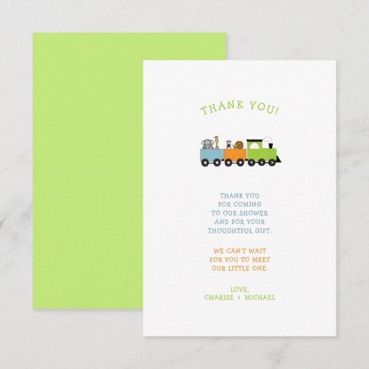 JUNGLE ANIMAL TRAIN baby shower merci note (Devant / Derrière)