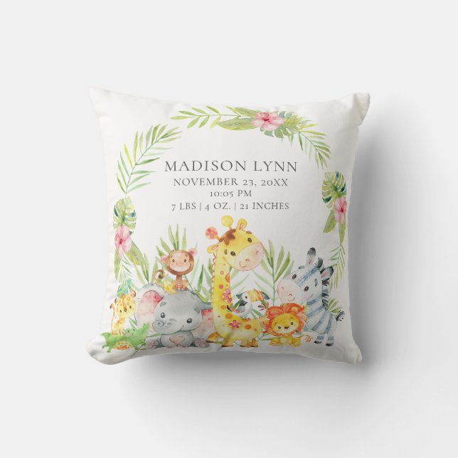 Jungle Animals Girls Baby Birth Stats Coussin (Recto)