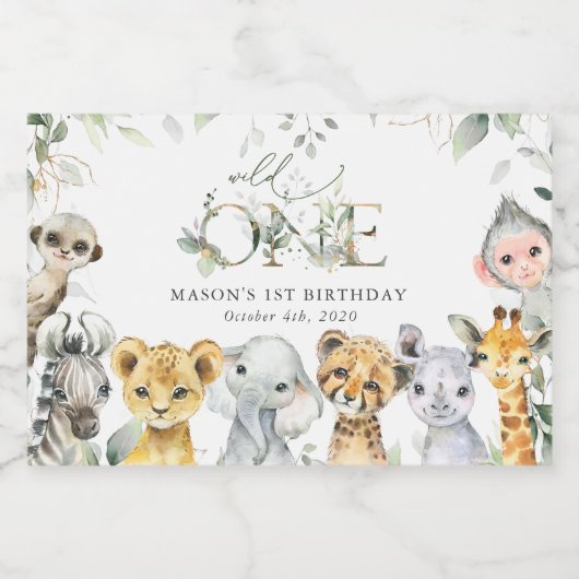 Jungle Animals, Safari, Wild One, First Birthday Sparkling Wijnetiket (Enkel label)