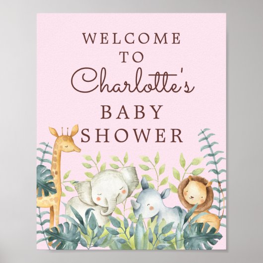 Jungle Animaux Filles Baby shower Affiche de bienv (Devant)