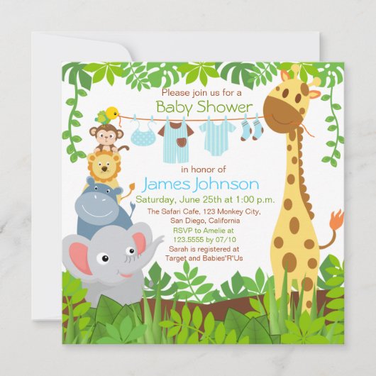 Jungle Animaux Safari Boy Baby shower Invitation (Devant)