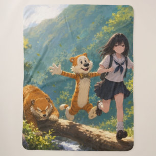 Jungle Avontuur - Anime Schoolmeisje en Tijger Log Sherpa Deken