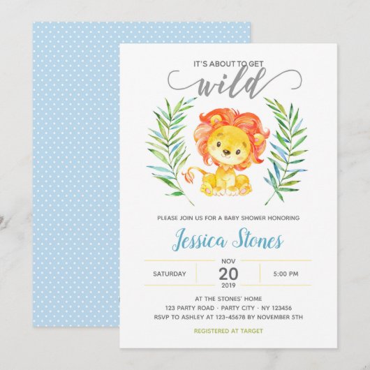 Jungle Baby Boy Shower Invitations (Lion) (Devant / Derrière)