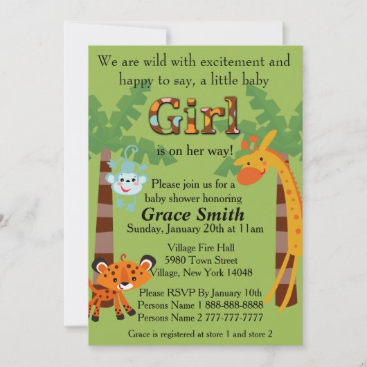 Jungle Baby shower Invitation "fille" (Devant)