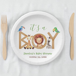 Jungle Boy Baby Borrel Cute Safari Dieren Hout Papieren Bordje