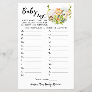 Jungle Dieren Baby ABC Baby Shower Spelkaart Flyer
