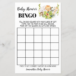 Jungle Dieren Baby Shower Bingo Spelkaart Flyer