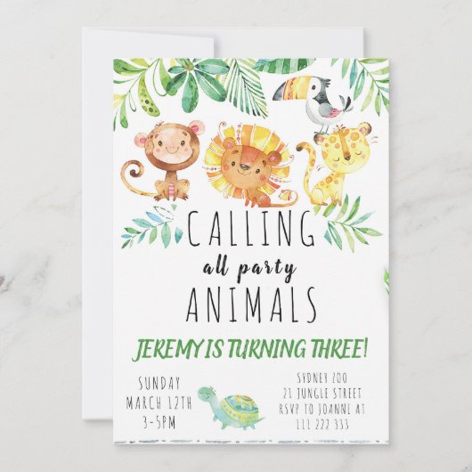 Jungle dieren feest uitnodiging (Voorkant)