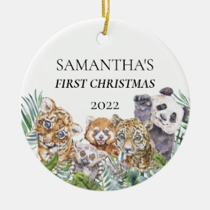 Jungle Dieren Knuffel Eerste Kerst Monogram Keramisch Ornament