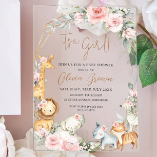 Jungle Dieren Roze Bloem Meisje Baby Shower Acryl Uitnodigingen