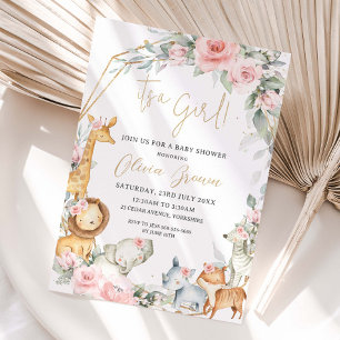 Jungle Dieren Roze Bloem Meisje Baby Shower Kaart