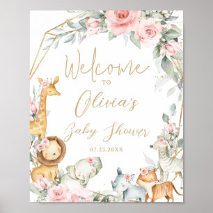 Jungle Dieren Roze Bloemige Baby Shower Welkom Poster