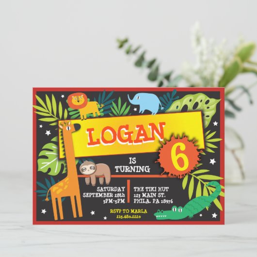 JUNGLE DIEREN SAFARI Verjaardagsfeest Uitnodiging (Staand voorkant)