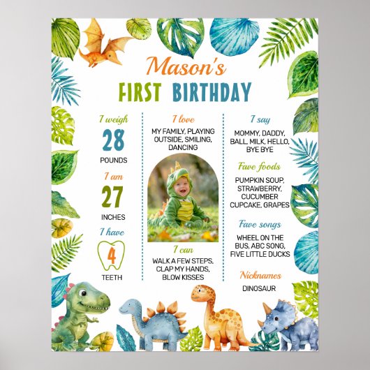 Jungle Dinosaur Eerste Verjaardag Mijlpaal Bord Poster (Voorkant)