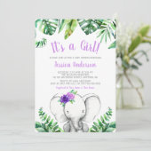 Jungle Elephant Girl Purple Baby shower Invitation (Debout devant)