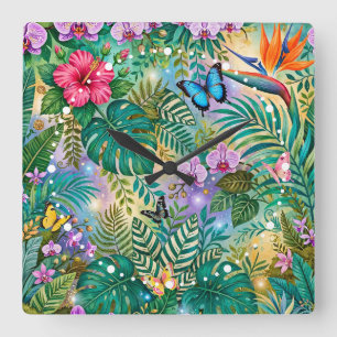 Jungle Fantasie Vlinders Bloemen Opgewekt Vierkante Klok