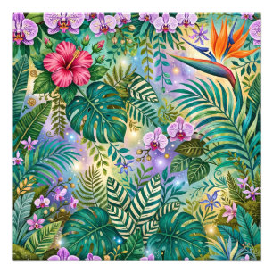 Jungle Fantasy Bloemen Paars Groen Goud Dromerig Foto Afdruk