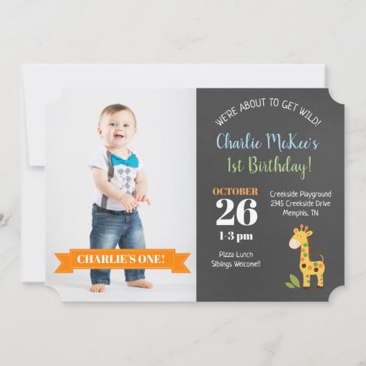 Jungle Giraffe Schoolbord Verjaardags Uitnodiging (Voorkant)