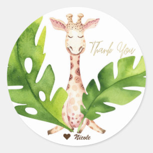 Jungle Giraffe Waterverf Babyshower Feest Ronde Sticker