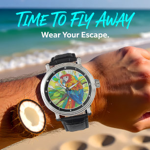 "Jungle Harmony" - Glas-in-lood Papegaai Horloge
