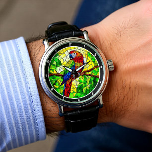 Jungle Jewel" - Glas-in-lood Papegaai Horloge